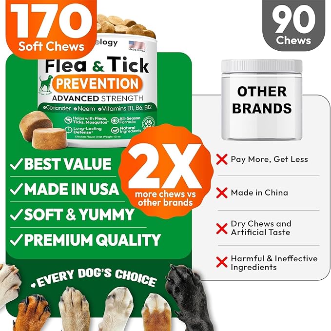 (2 Pack) Flea and Tick Prevention for Dogs Pills - 340 Chews - Natural Dog Flea &amp; Tick Control - Oral Defense Treatment for Dogs Supplement - Vet Formulated - All Breeds &amp; Ages - Made in USA