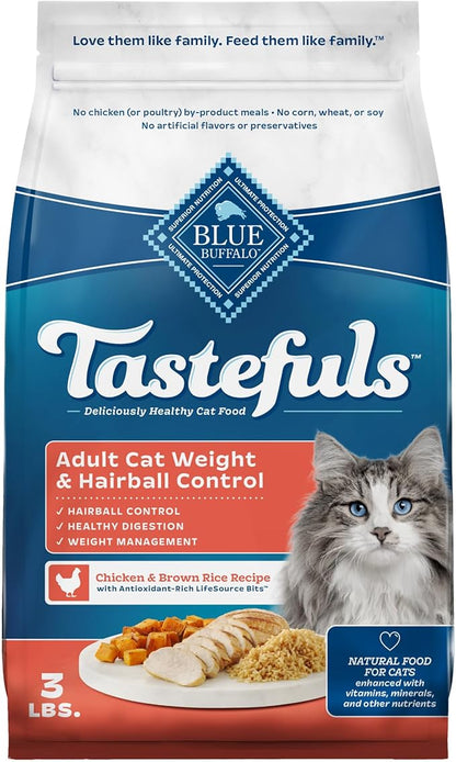 Blue Buffalo Tastefuls Weight &amp; Hairball Control Natural Dry Food for Adult Cats, 3-lb. Bag