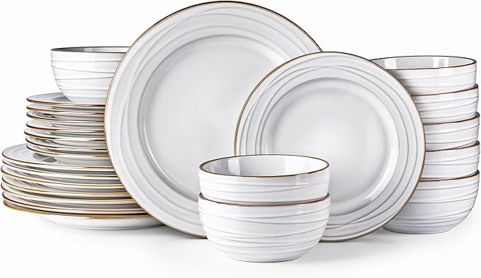 GBHOME Ceramic Dinnerware Sets, 24 pcs Embossed Elegant Stoneware Plates and Bowls Sets, Housewarming Wedding Gift | Dishwasher &amp; Microwave Safe | Dishes Set Service for 8