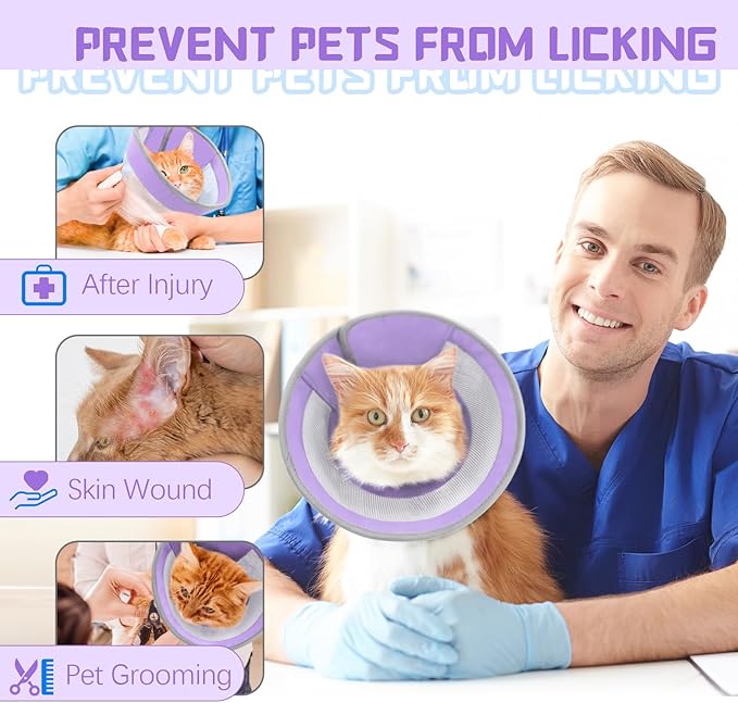 Breathable Air Mesh Cat Cone Collar Soft to Stop Licking, Adjustable, Foldable Lightweight Kitten Cones After Surgery Recovery for Cats &amp; Kittens (Purple, M)