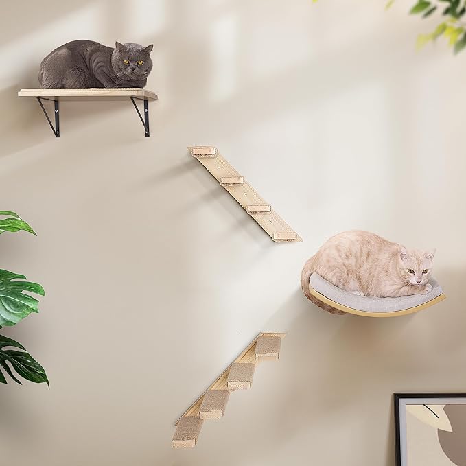 Cat Wall Shelves with Cats Window Perch – 4-Piece Wooden Cat Climbing Furniture Set with Soft Foam Curved Bed, Flat Shelf &amp; 2 Wall 4-Steps Ladders