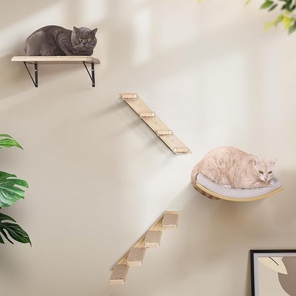 Cat Wall Shelves with Cats Window Perch – 4-Piece Wooden Cat Climbing Furniture Set with Soft Foam Curved Bed, Flat Shelf &amp; 2 Wall 4-Steps Ladders