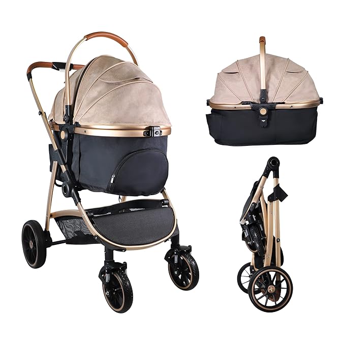 3 in 1 Multifunction Pet Stroller for Small Medium Dogs Cats, No-Zip Dog Stroller with Detachable Carrier &amp; Cup Holder, One-Hand Quick Fold, 4 Wheels Travel Foldable Aluminum Alloy Frame Up to 33 lbs