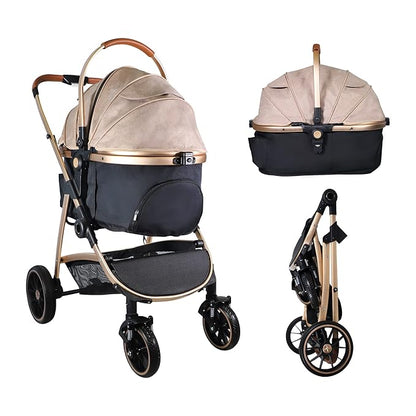 3 in 1 Multifunction Pet Stroller for Small Medium Dogs Cats, No-Zip Dog Stroller with Detachable Carrier &amp; Cup Holder, One-Hand Quick Fold, 4 Wheels Travel Foldable Aluminum Alloy Frame Up to 33 lbs