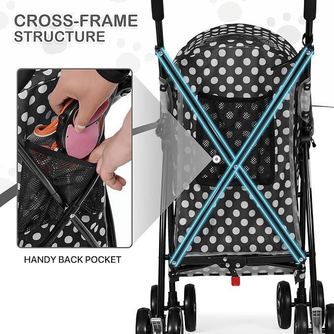 MoNiBloom 4 Wheels Pet Stroller, Easy-Fold Umbrella Shaped Dog Cat Jogger Stroller w/Storage Bag &amp; Visible Mesh for Small/Medium Dogs Cats Black Polka Dots