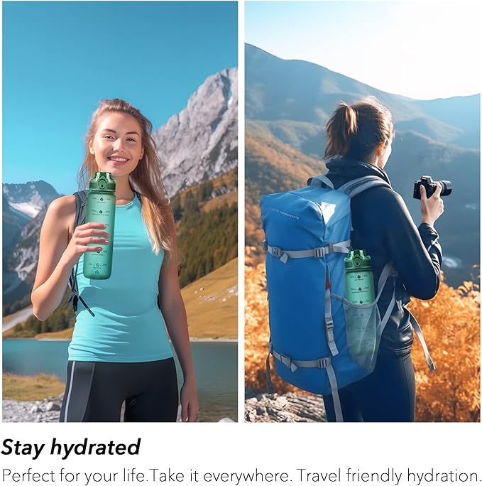 32oz Motivational Water Bottles with Time Marker &amp; Fruit Strainer, Transparent Gradient Color Water Bottle with Times to Drink, Leakproof &amp; BPA Free, Reusable Bottle with Strap (No Straw)