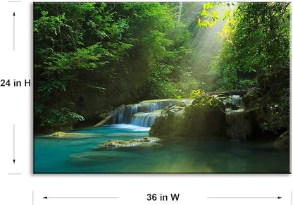 Silent Summer Forest Landscape Stretched Canvas Wall Art for Living Room Home, Bright Sun Shine on Stream Scenery Picture Print Artwork Decoration Painting Decor, Gallery Wrapped, Inner Frame (24x36)