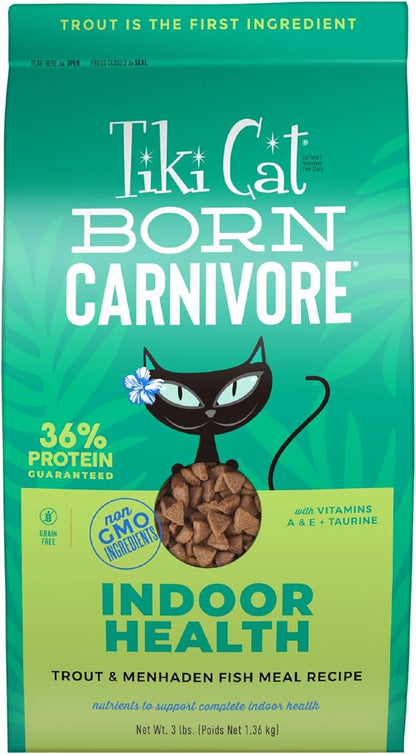 Tiki Cat Born Carnivore Indoor Health Dry Cat Food, Trout &amp; Menhaden Fish Meal, 3 lbs. Bag