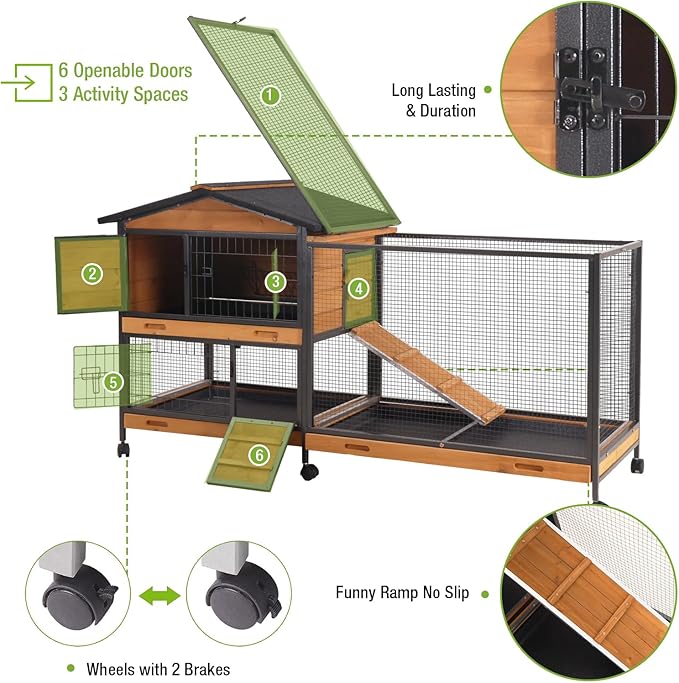 GUTINNEEN Rabbit Hutch Outdoor with Metal Surround Indoor Rabbit Cage with Wheels Bunny Cage Large Guinea Pig Cage for Small Animals with Tray