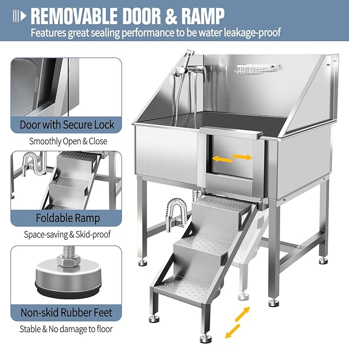 38" Dog Washing Station, Professional Stainless Steel Dog Bathing Station, Equipped with Three Anti-Slip Steps, Removable Door, Upgraded Spray Nozzle&amp;Hose - Ideal for Home, Pet Grooming Salon,R-RAMP