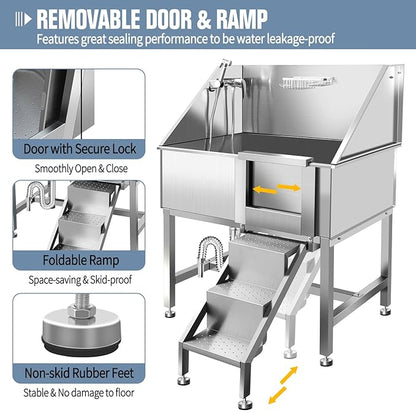 38" Dog Washing Station, Professional Stainless Steel Dog Bathing Station, Equipped with Three Anti-Slip Steps, Removable Door, Upgraded Spray Nozzle&amp;Hose - Ideal for Home, Pet Grooming Salon,R-RAMP