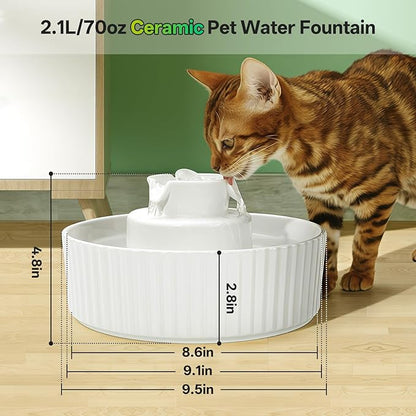 Ceramic Cat Water Fountain, 2.1L/70oz Porcelain Pet Drinking Dispenser with 4 Set Replacement Filter &amp; Sponge, Automatic Dog Water Bowl with Ultra-Quiet Pump, Cat Feeding Watering Supplies(White)