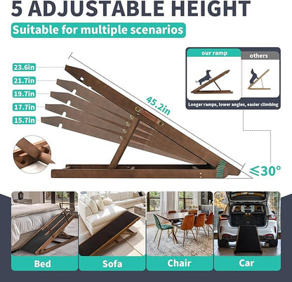 Dog Ramp, 5 Level Adjustable Wooden Folding Pet Ramp for Middle Bed, Couch,SUV-High Traction, Portable Paw Ramps for Small &amp; Large Old Dogs &amp; Cats - Furniture Quality