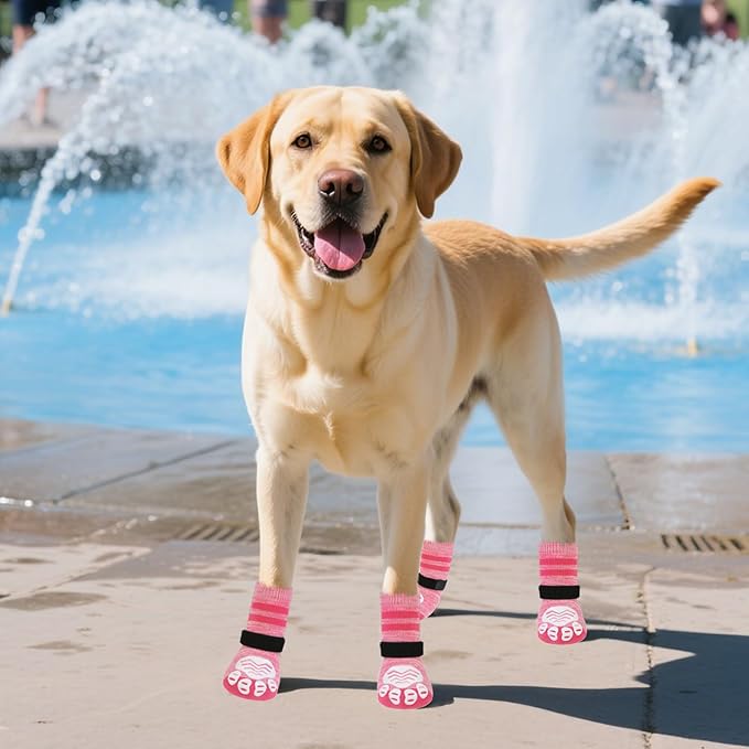 PUPTECK Non-Slip Dog Socks to Prevent Licking Paws, Double Sides Dog Boots &amp; Paw Protectors Booties on Hardwood Floors Hot Pavement with Grippers, for Small Medium Large Senior Dogs, Fuchsia M