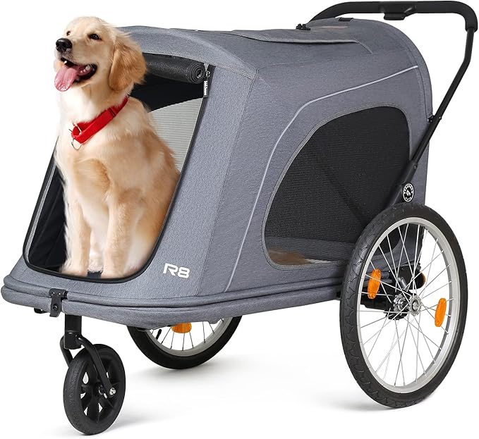 R8 Extra Large Foldable Pet Stroller, Dog Stroller &amp; Pet Trailer for Large Dogs Under 100 lbs, Unmovable, Disabled &amp; Pregnant Dogs - Conveniently Carriable by Bike and Car, Grey