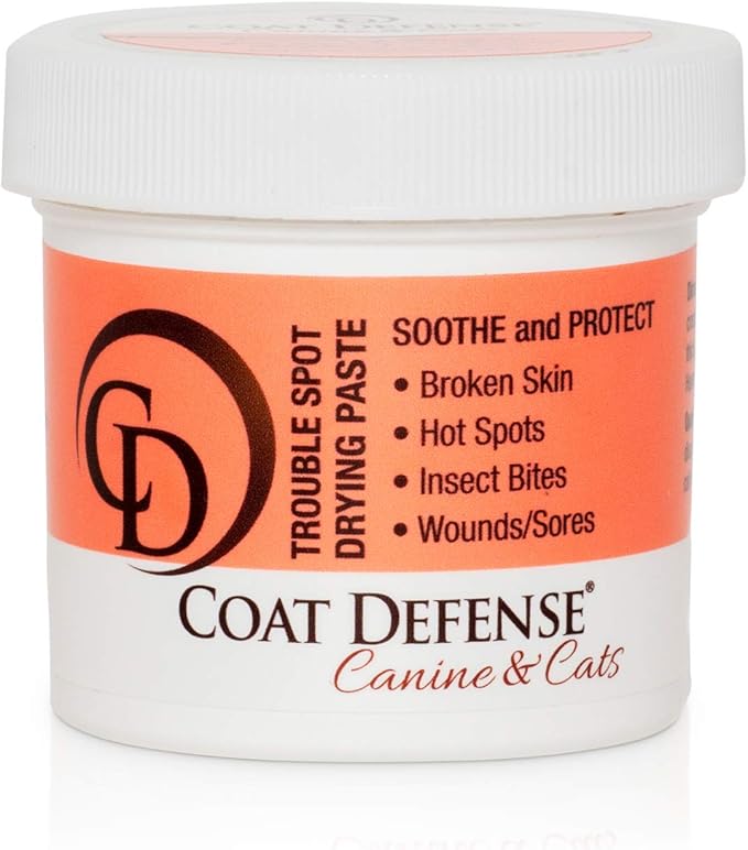COAT DEFENSE Trouble Spot Drying Paste - Made in USA - 5 Oz Dog &amp; Cat Skin Care, Itchy Skin &amp; Allergies, Alleviates Hot Spots for Dogs &amp; Cats, Insect Bites Relief &amp; Dog Wound Care