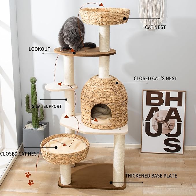 Large Wood Cat Tree Tower for Indoor Cats, Multi-Cats Scratching Post &amp; Cat Condo with Handwoven Cat House Basket, Thick Sisal Posts, Modern Stable Cats Tower Furniture