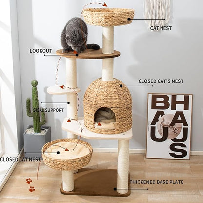 Large Wood Cat Tree Tower for Indoor Cats, Multi-Cats Scratching Post &amp; Cat Condo with Handwoven Cat House Basket, Thick Sisal Posts, Modern Stable Cats Tower Furniture