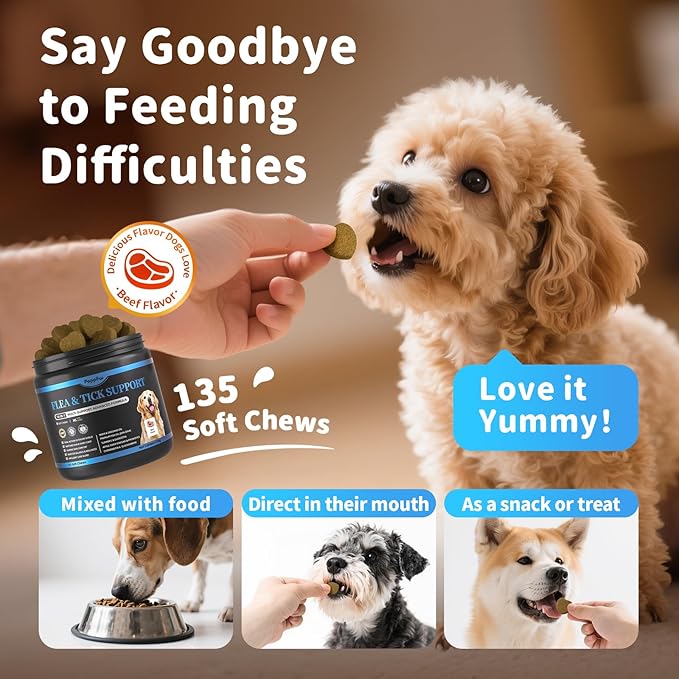 Dog Flea and Tick Support Chewable, Natural Dog Flea Comfort Supplement, Oral Chews with Neem, Oregano Oil, Pumpkin Seed Oil &amp; Brewer&