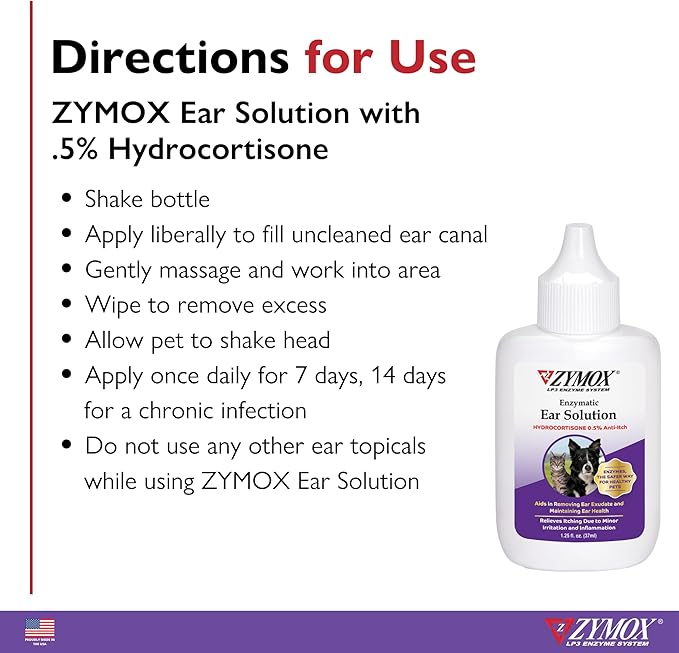 ZYMOX Enzymatic Ear Solution with 0.5-Percent Hydrocortisone, for Dog &amp; Cat, 1.25 oz