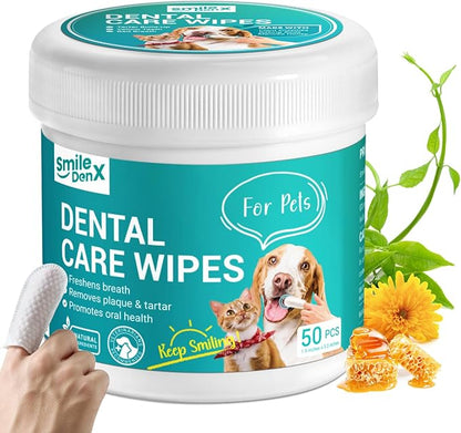 Dog Dental Care Finger Wipes - Teeth Cleaning Finger Wipes for Dog &amp; Cats - Tooth Brushing Kit Dental Wipes for Dog - Reduces Plaque &amp; Freshens Breath (50 PCS, Beef)