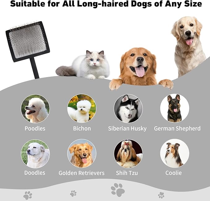 Dog Slicker Brush for Shedding and Grooming Medium or Long Haired Cats, Extra Long &amp; Soft Pin Slicker Brush for Removes Loose Hair, Tangles, Knots, Undercoat, Free Pet Comb, Large Black