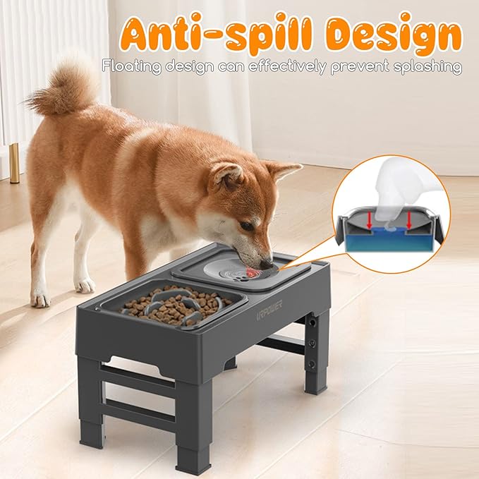 URPOWER 2-in-1 Elevated Slow Feeder with No Spill Dog Water Bowl 4 Height Adjustable Raised Bowl Stand for Small to Large Dogs, Cats &amp; Pets
