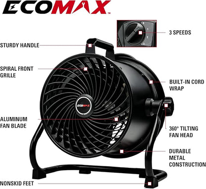 10-Inch High-Velocity Drum Air Circulator Fan, Heavy-Duty Shop Fan with 3-Speed &amp; 360° Tilting Floor Fan for Warehouse, Industrial, Workshop