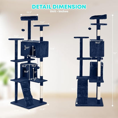 FDW Cat Tree 70in Cat Tower Multi-Level Durable Cat Scratching Post &amp; Cozy Fun Cat Jumping Platform Space Saving Cat Condo Pet Play House for Indoor Cats,Navy Blue