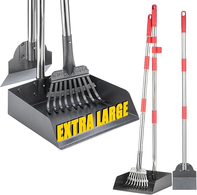 Dog Pooper Scooper Set, Pooper Scooper for Dog, Heavy Duty Stainless Steel Rake with Extra Large Tray &amp; Spade No Bending Clean Up for Pet Waste Removal, for Grass, Dirt Or Gravel.
