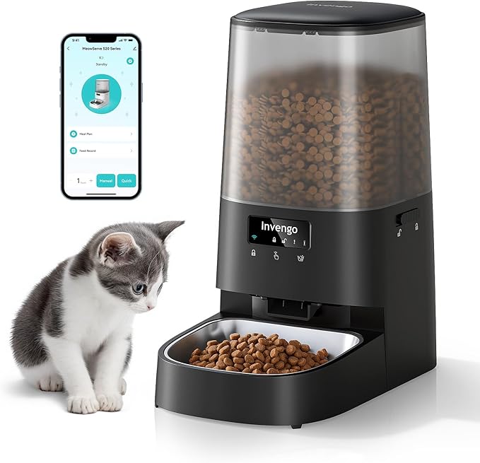 Cat Feeder Automatic - Cat Food Dispenser MeowServe S20, Auto Dog Feeder with Stainless Steel Bowl, 5L Pet Feeder with Patented Anti-Jam Port, App, Dual Lock Lid, Dual-Band WiFi &amp; Power Supply