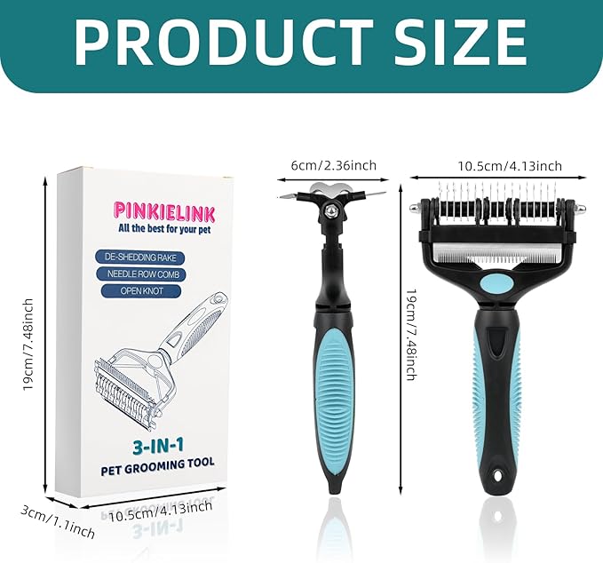 3-IN-1 Pet Grooming Tool - Undercoat Rake, Dematting Comb &amp; Deshedding Brush for Cats &amp; Dogs - Removes Mats, Tangles &amp; Loose Fur, Reduces Shedding &amp; Prevents Hair Mess (Blue)