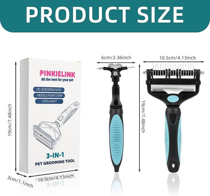 3-IN-1 Pet Grooming Tool - Undercoat Rake, Dematting Comb &amp; Deshedding Brush for Cats &amp; Dogs - Removes Mats, Tangles &amp; Loose Fur, Reduces Shedding &amp; Prevents Hair Mess (Blue)