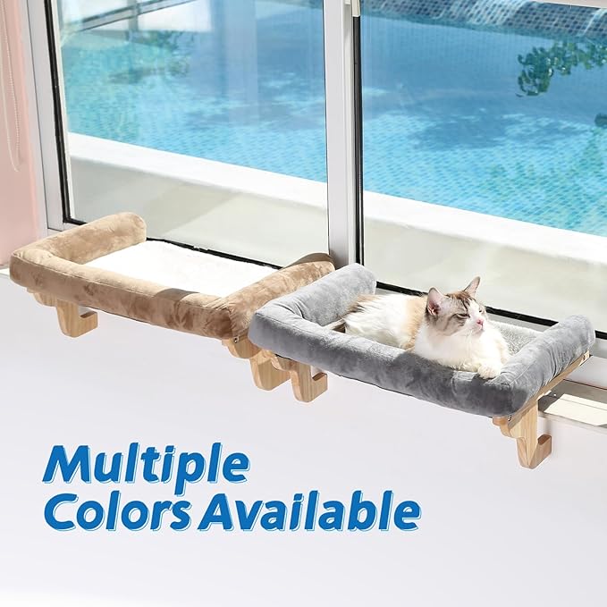 Cat Perch for Window Sill with Bolster - Orthopedic Hammock Design with Premium Hardwood &amp; Robust Metal Frame - Cat Window Seat for Large Cats and Kittens - Natural Color Wood with Brown Bed