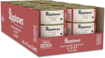 Applaws Natural Wet Cat Food in Broth, Limited Ingredient Canned Wet Cat Food, No Additives, Made with Natural Ingredients, Chicken Breast &amp; Duck in Broth (24 x 5.5oz Cans)