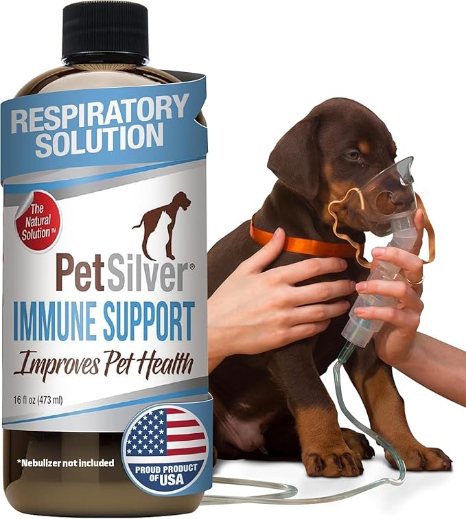 PetSilver Immune Support, Natural Nebulizer Solution, Promotes Respiratory Health in Cats &amp; Dogs, Allergies, Sinus &amp; Cough Treatment, Easy to Use, Patented Chelated Silver, Made in The USA, 16 fl oz