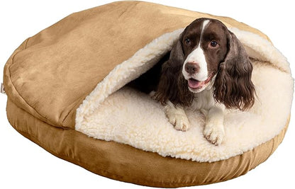 Snoozer Luxury Cozy Cave Dog Bed - Indoor Dog Bed with Cover Cave, Covered Calming Burrow for Medium &amp; Large Sized Pets with Blanket Attached, Enclosed, Washable - XL, Camel