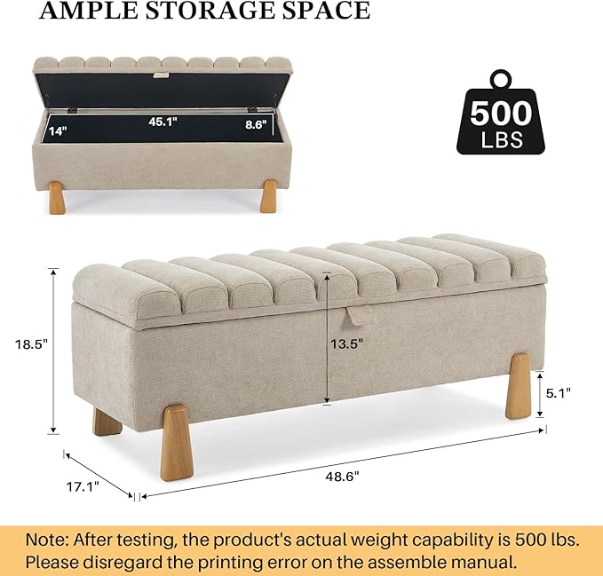 Storage Bench Ottoman 48.6 Inch with Safty Lift Top Lid, Tufted Solid Wood Tapered Legs Footstool for Bedroom, Living Room &amp; Entryway Light Brown