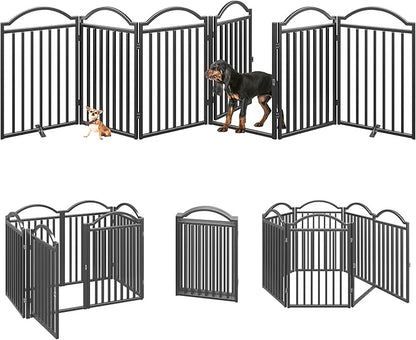 BHG Metal No-Assembly Freestanding Dog Gate with Door Walk Through, Extra Wide 144", Extra Tall 32" Pet Gate, Accordion Puppy Folding Playpen Dog Fence for Indoor &amp; Outdoor, with 2PCS Support - Black