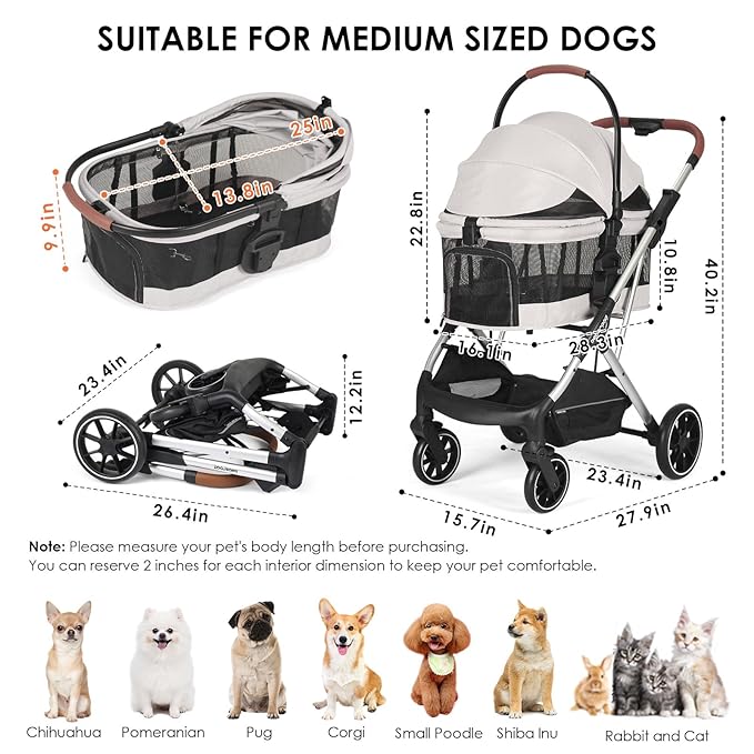 T6 Luxury Pet Stroller for Medium Dogs Up to 66lbs or 2 Small Pets – 3-in-1 Dog &amp; Cat Stroller with Removable Carrier, Foldable &amp; Lightweight (Beige &amp; Net Wall)