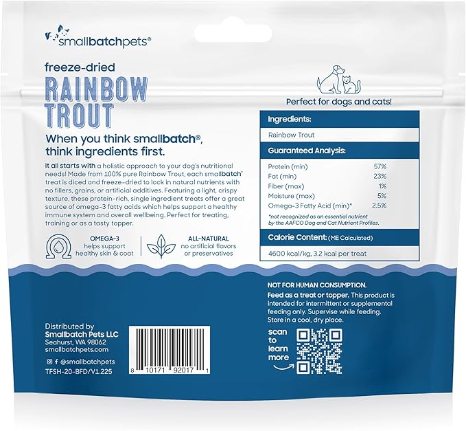 smallbatch Pets Freeze Dried Cat &amp; Dog Treats, 2oz - Rainbow Trout, Organic High Protein Treats, Omega 3 Fatty Acids, Gluten Free, Grain Free, Made in The USA, Ethically Sourced, Single Protein