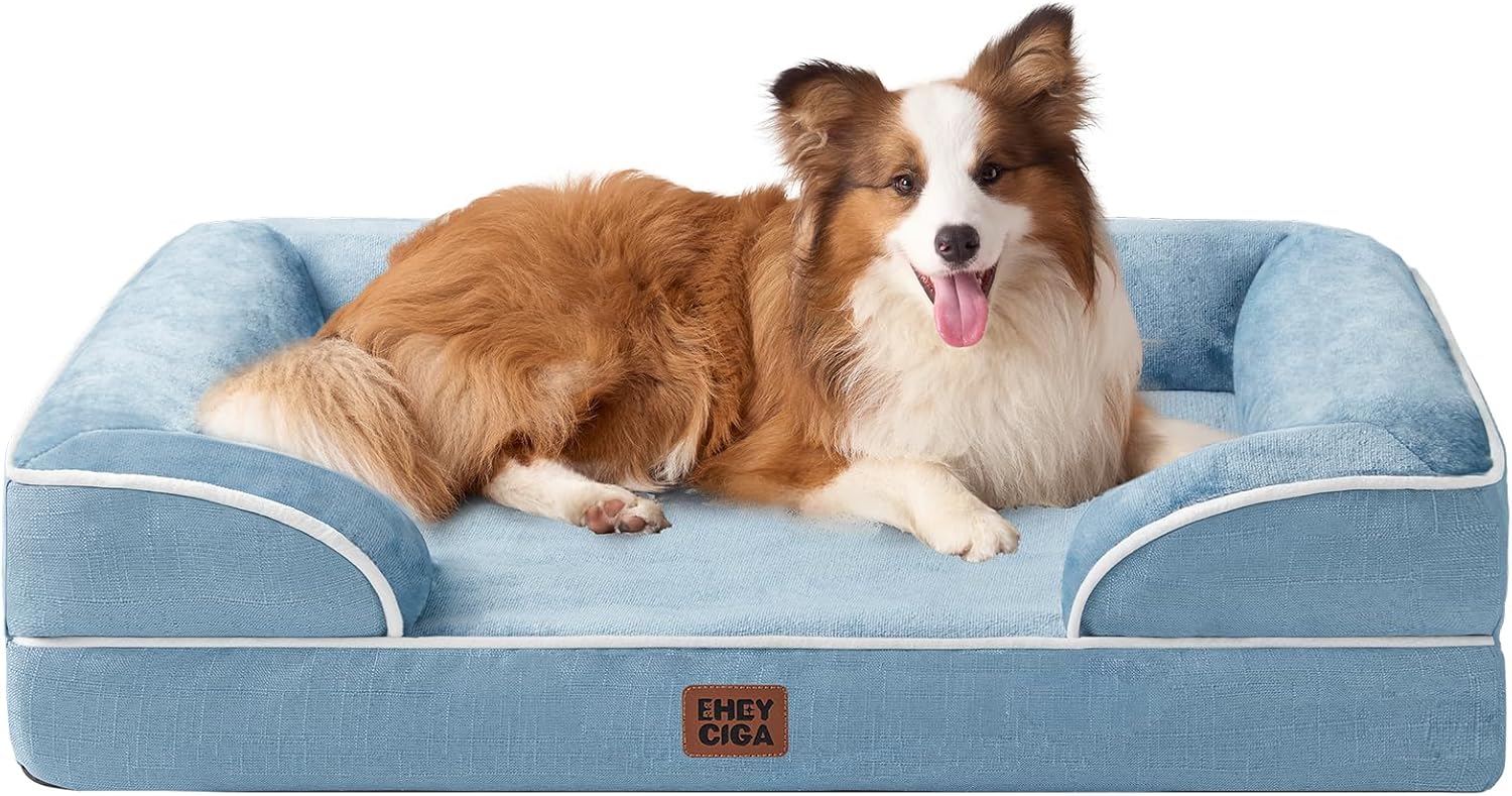 EHEYCIGA Orthopedic Dog Beds for Extra Large Dogs 44x32Inch, Waterproof Memory Foam XL Pet Bed with Sides, Non-Slip and Egg-Crate Foam Big Dog Couch Bed with Washable Removable Cover, Grey