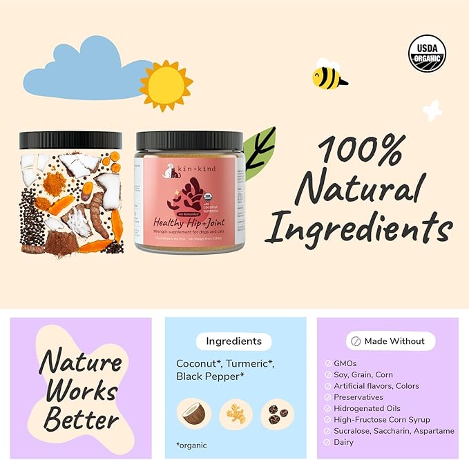 kin+kind Organic Supplements for Dogs&amp;Cats - Pumpkin Boost for Healthy Poops - Hip+Joint Supplement - Vet Formulated, Natural Formula - Made in USA - Poop | Hip+Joint M. (2 x 4 oz)