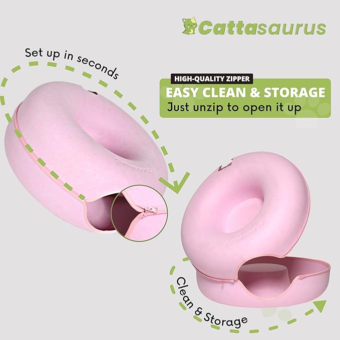 Cattasaurus Peekaboo Cat Cave for Multiple &amp; Large Cats Up to 30-45 Lbs, Scratch Detachable &amp; Washable Tunnel Bed, Comfy Donut Cat Cave (Pink, Large)