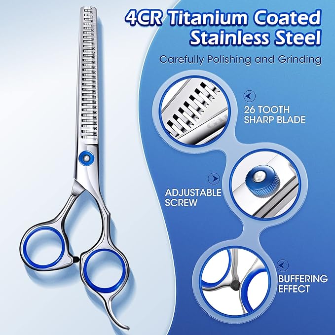 Gimars Professional 5 in 1 Grooming Scissors for Dogs 4CR with Safety Round Tip, Heavy Duty Titanium Coated Straight &amp; Thinning &amp; Curved Shears