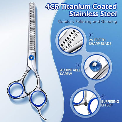 Gimars Professional 5 in 1 Grooming Scissors for Dogs 4CR with Safety Round Tip, Heavy Duty Titanium Coated Straight &amp; Thinning &amp; Curved Shears