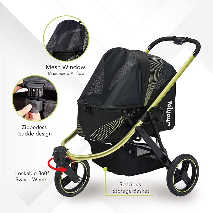 ibiyaya The Beast Pet Jogging Stroller for All Terrains, 3-Wheel Dog Carrier with Double Breaks, Zipperless Large Stroller for Running &amp; Hiking, Multiple Small Dogs, Medium Dogs, or Cats (Jet Black)