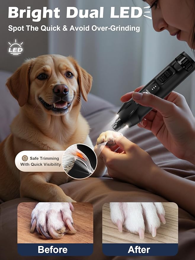 Casfuy 6-Speed Dog Nail Grinder – 50%+ Boost Power Dog Nail Trimmers Quiet with Dust Cap &amp; 2 LED Lights &amp; 2000mAh Battery &amp; 4.8V Motor Electric Pet Toenail File Tool for Large Medium Small Dogs Cats