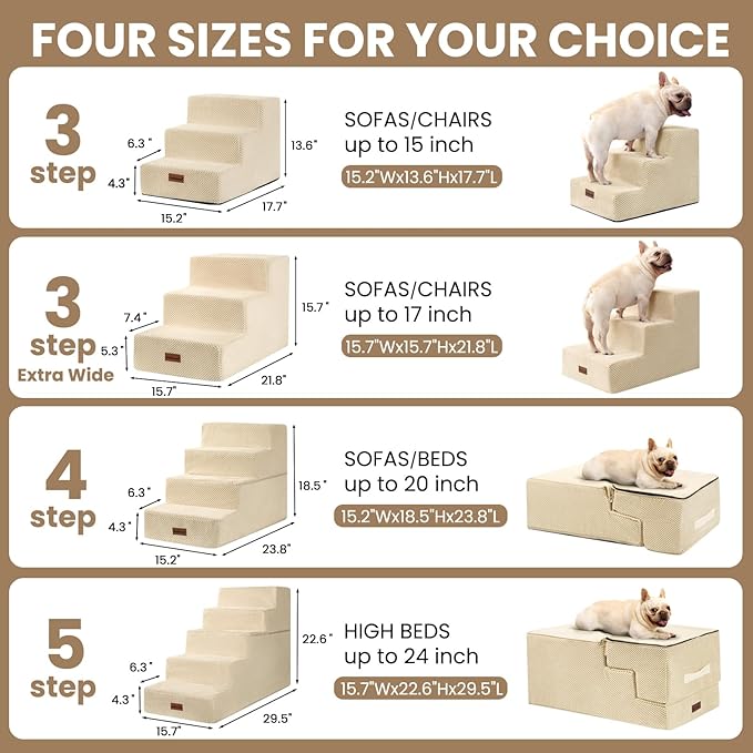 Dog Stairs for Small Dogs &amp; Cats, 3-Step Non-Slip Pet Steps for Couch Sofa and Chair, Beige, 13.6" H