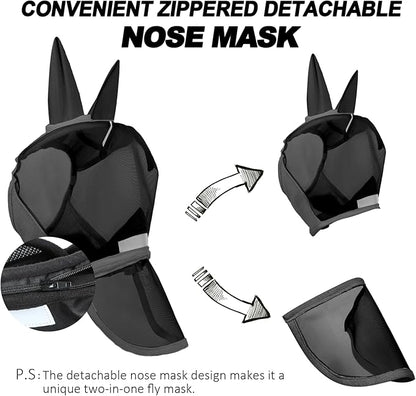 Luminous Horse Fly Mask with Long Nose, Ears, Full Face &amp; Eye Protection - Full Mesh, Detachable Nose Cover, Fleece Padded Edging, Hook-and-Loop Straps with Webbing, Hanging Straps Black
